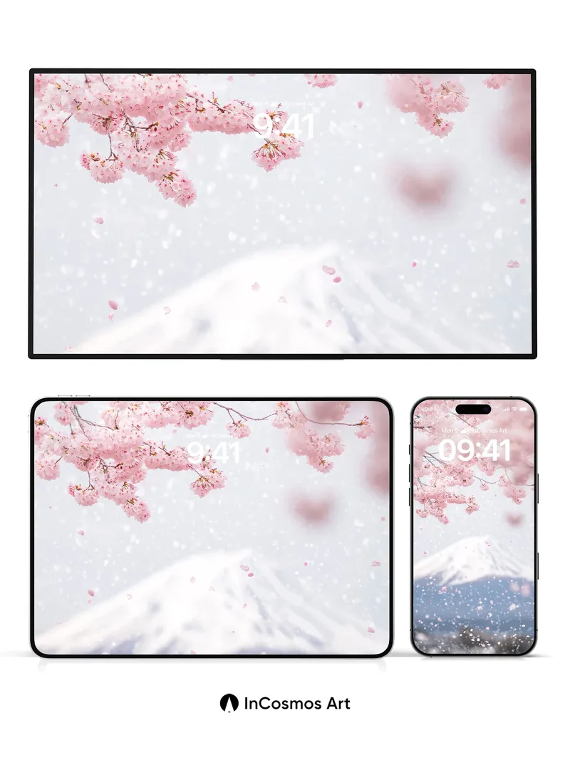 Sakura Drift Wallpaper with Mount Fuji Horizon