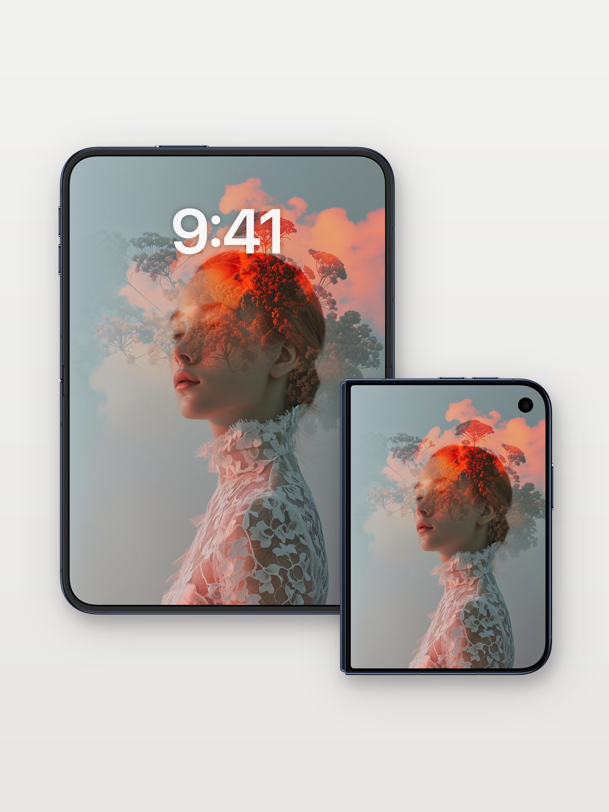 Surreal Bloom Wallpaper with Floating Trees on iPhone Duo, open and closed