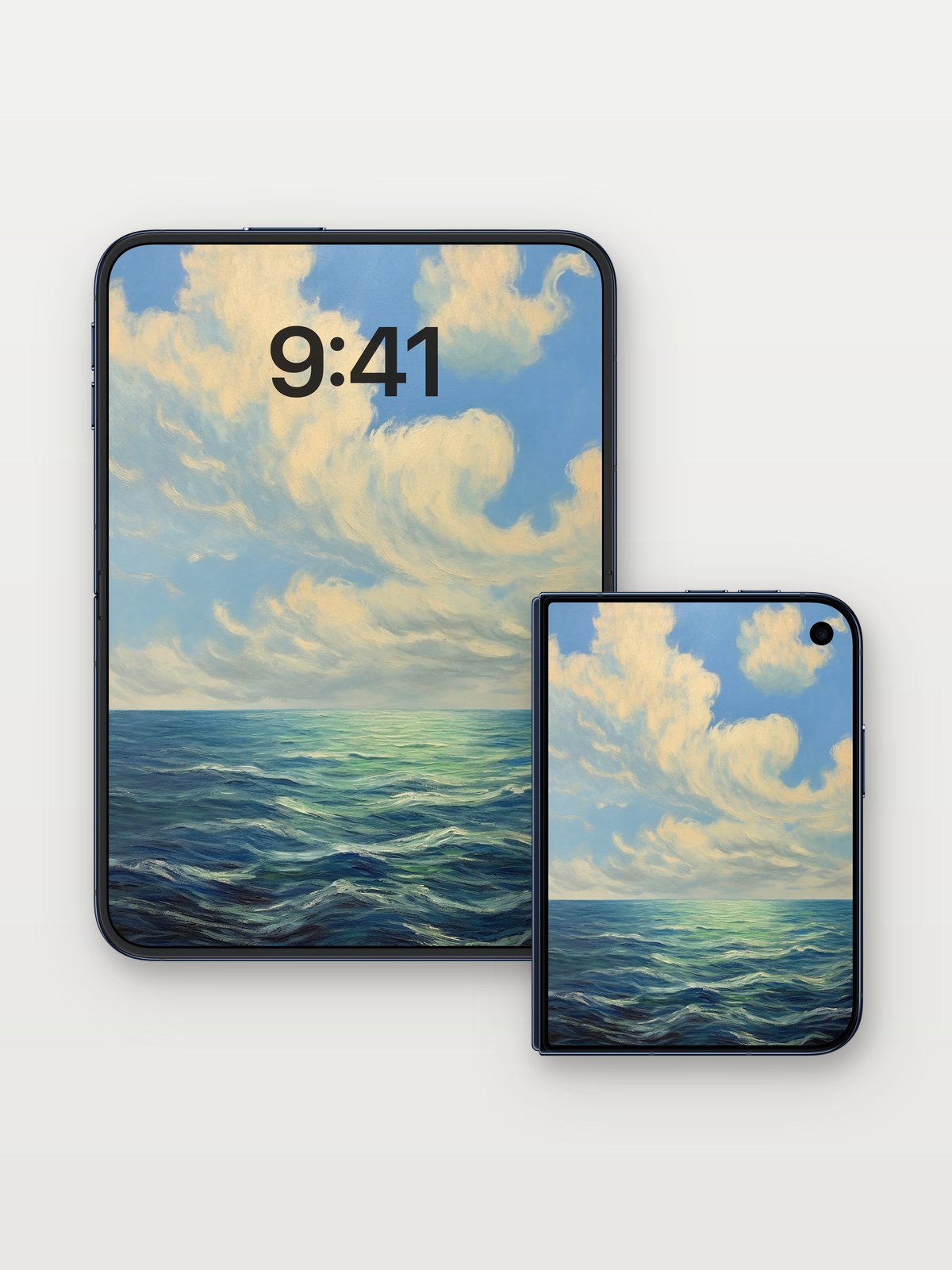 Serene Horizon Wallpaper with Cloud-Brushed Sky on iPhone Duo, open and closed