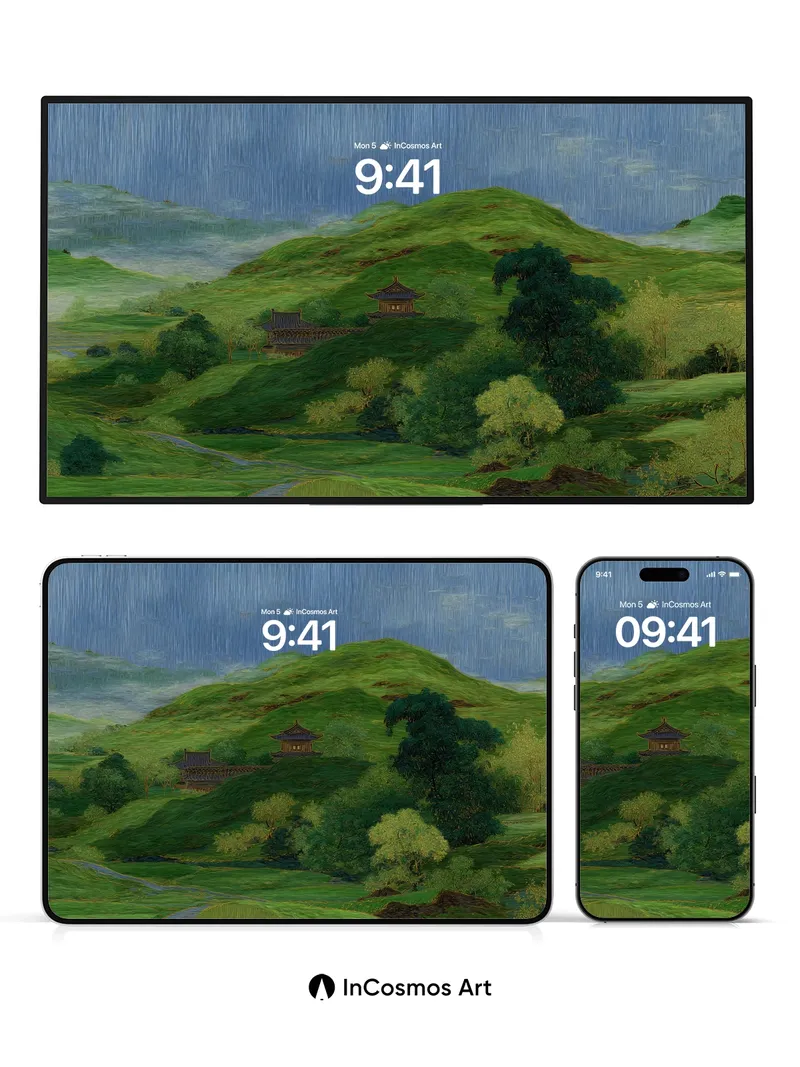 Serenity Drizzle Wallpaper with Hidden Temples