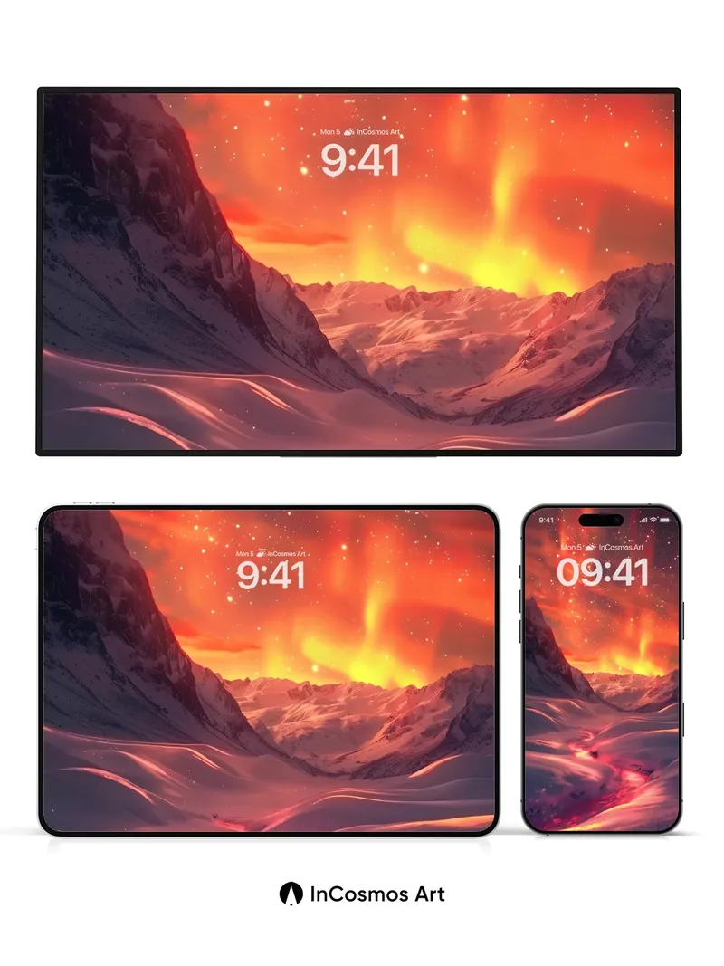 Crimson Aurora Wallpaper with Frozen Rivers