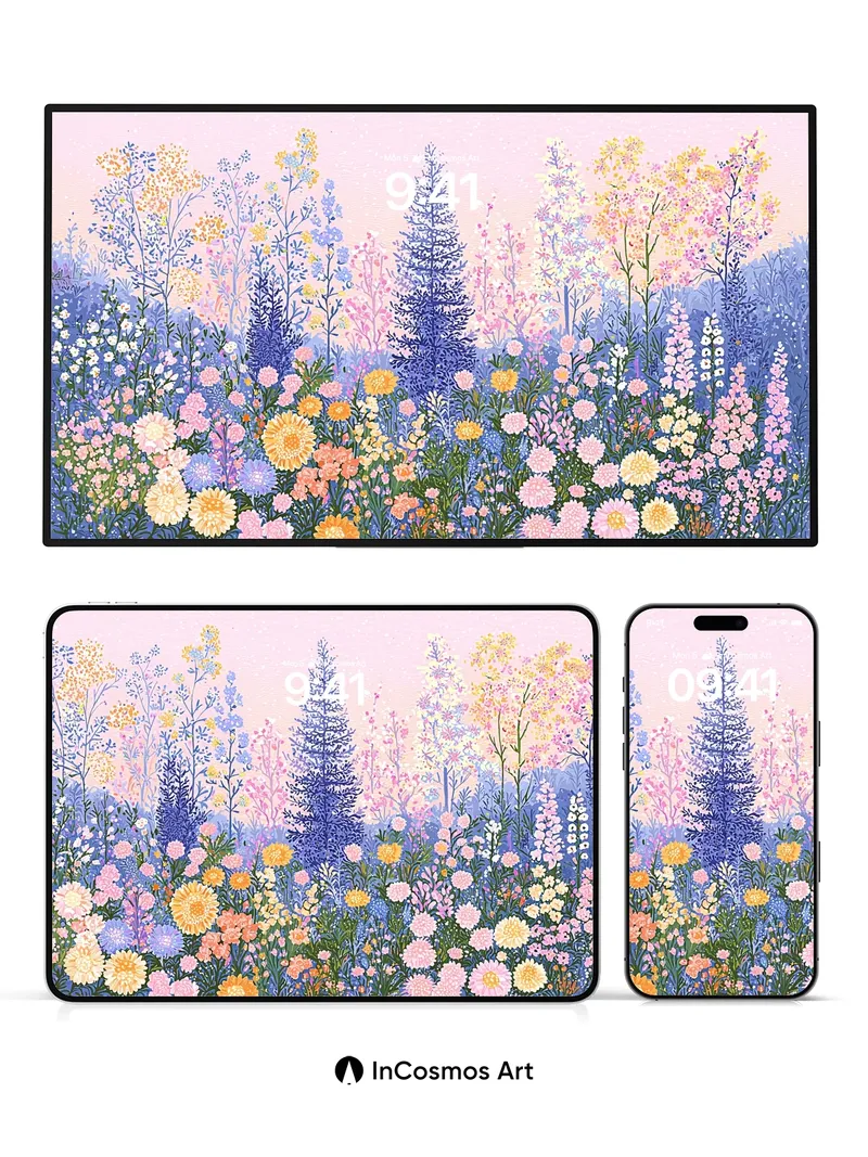 Luminous Meadow Wallpaper with Whispering Pines