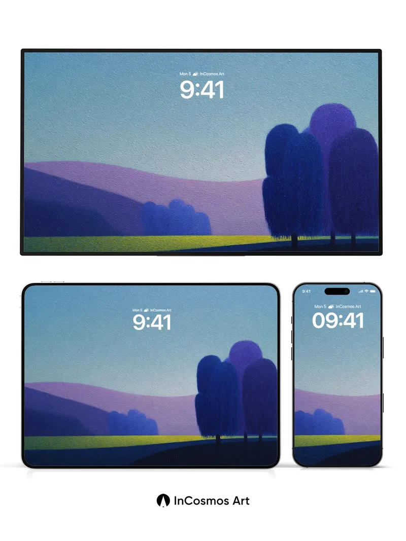 Serenity Field Wallpaper with Midnight Trees