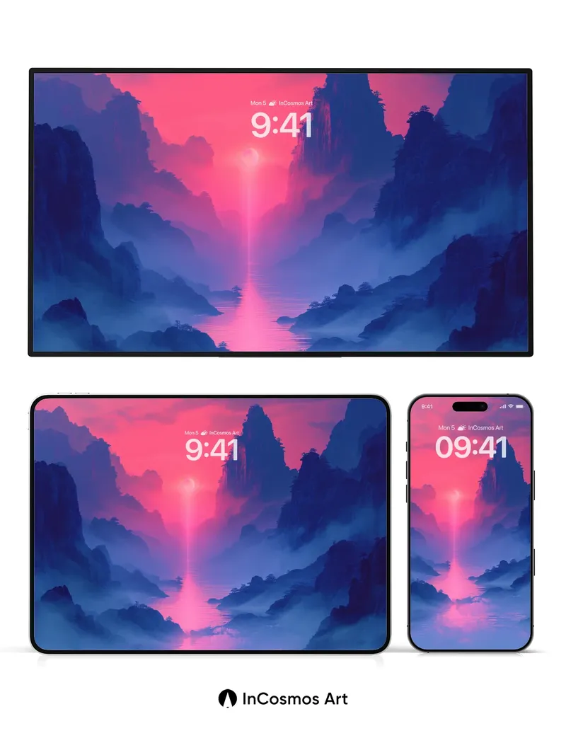 Crimson Veil Wallpaper with Mist-Drifted Peaks