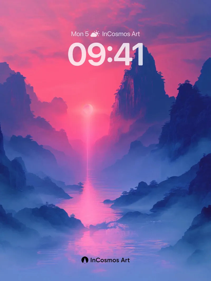 Crimson Veil Wallpaper with Mist-Drifted Peaks