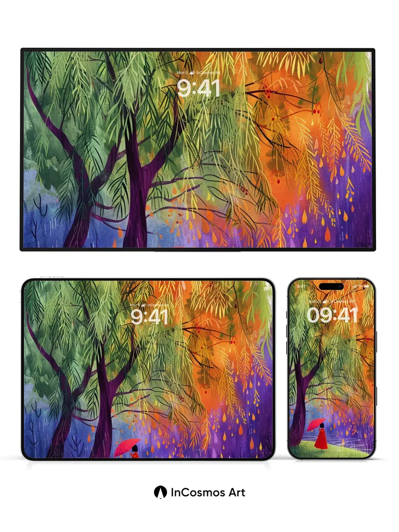 Whispering Canopy Wallpaper with Rain-Slicked Light