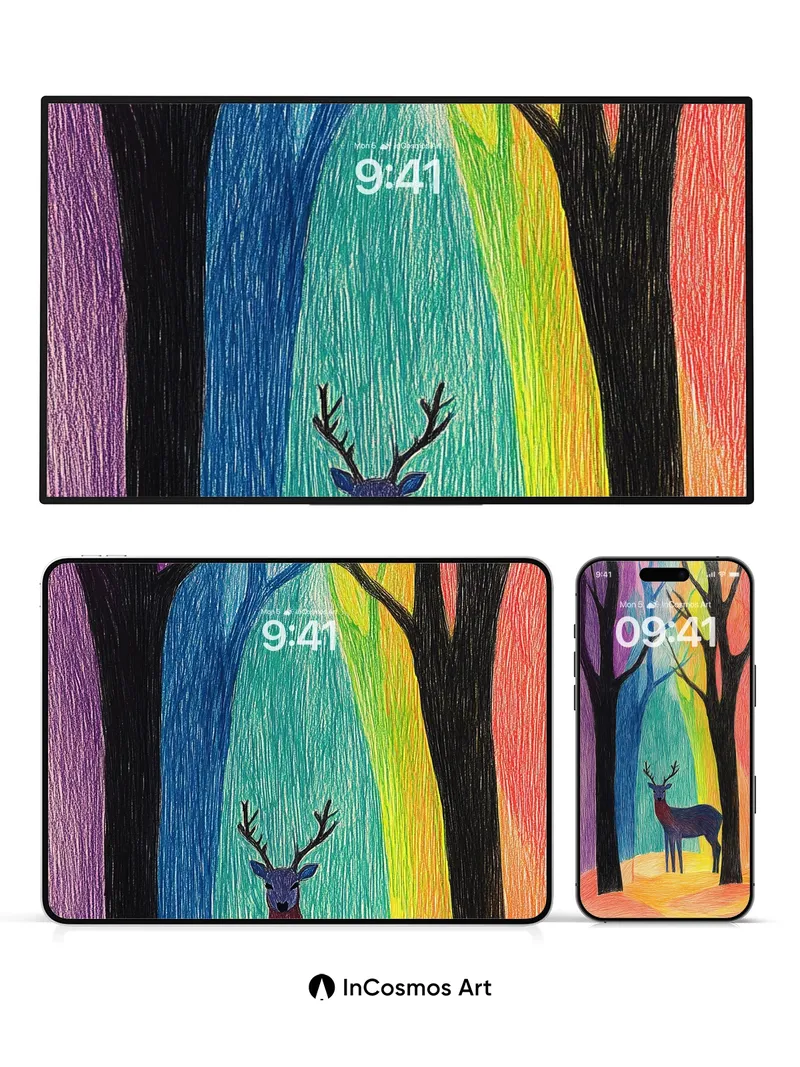 Rainbow Forest Wallpaper with Velvet Deer