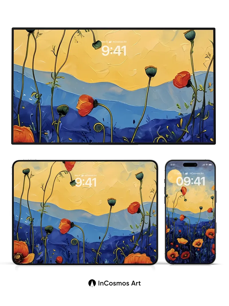 Luminous Poppy Field Wallpaper with Moonlit Texture