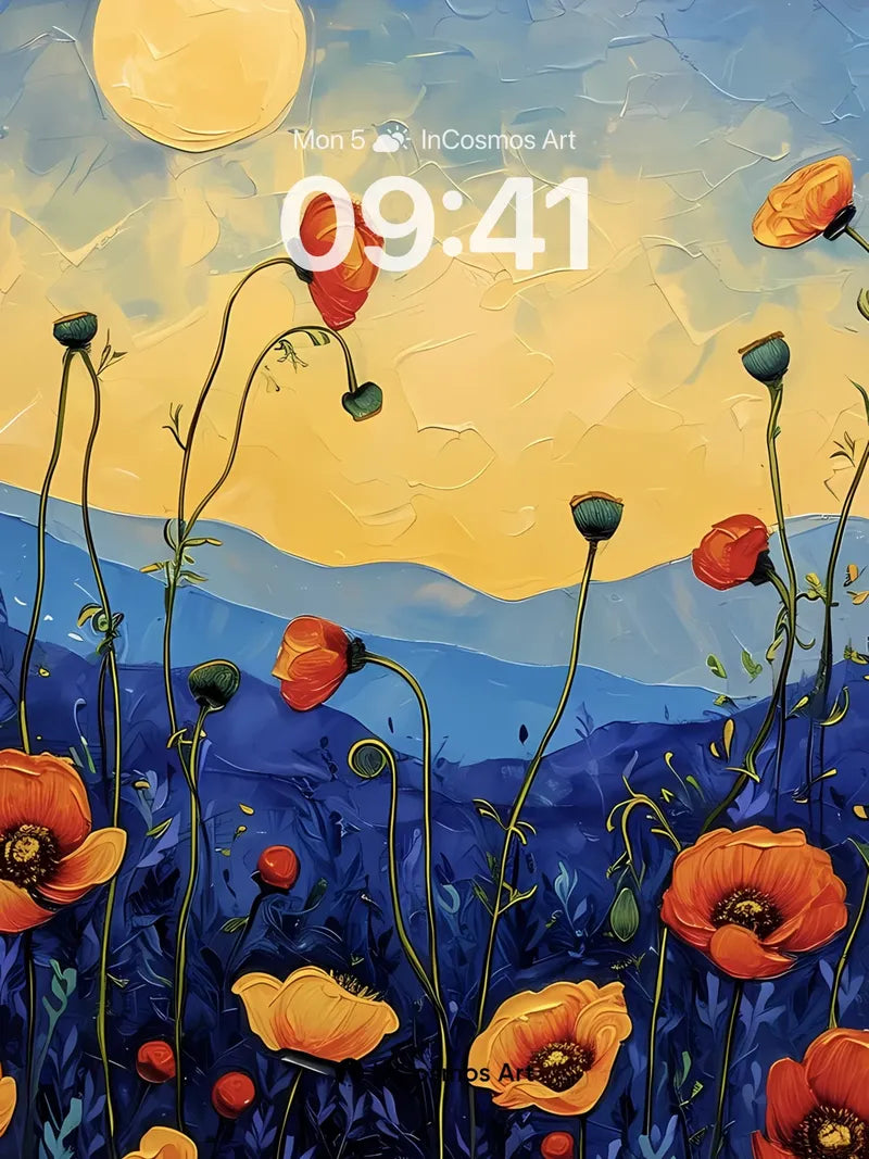 Luminous Poppy Field Wallpaper with Moonlit Texture