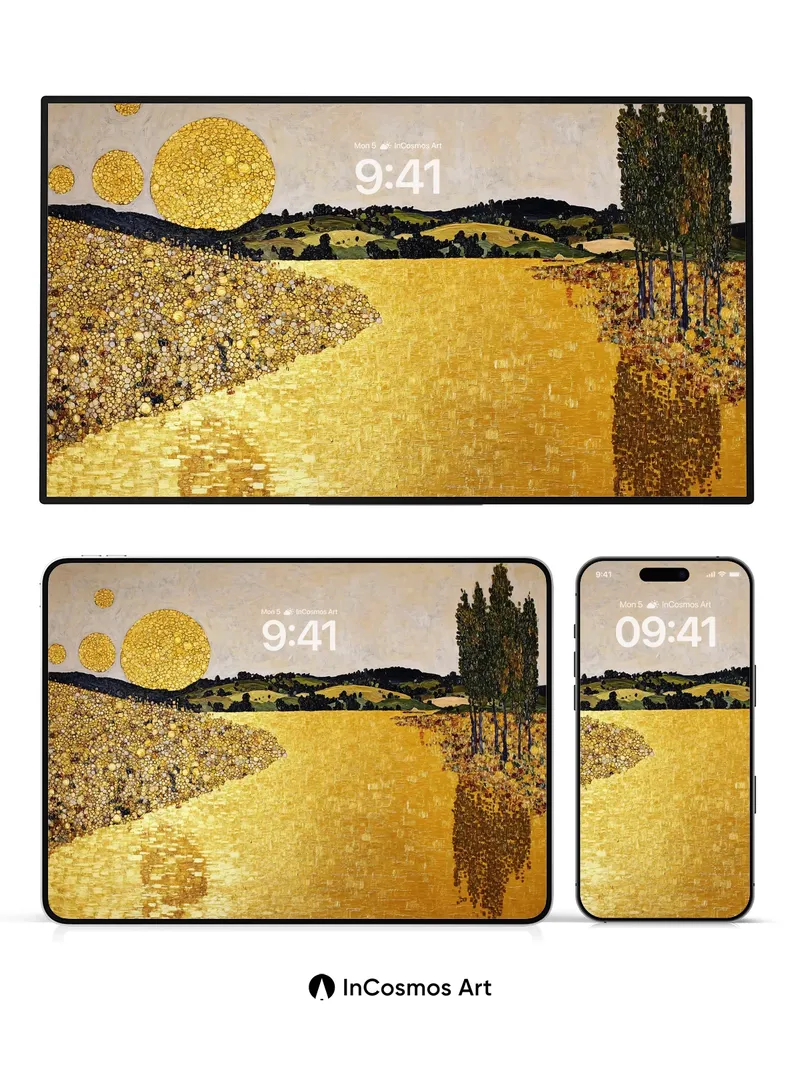 Golden Field Wallpaper with Sunlit Reflections