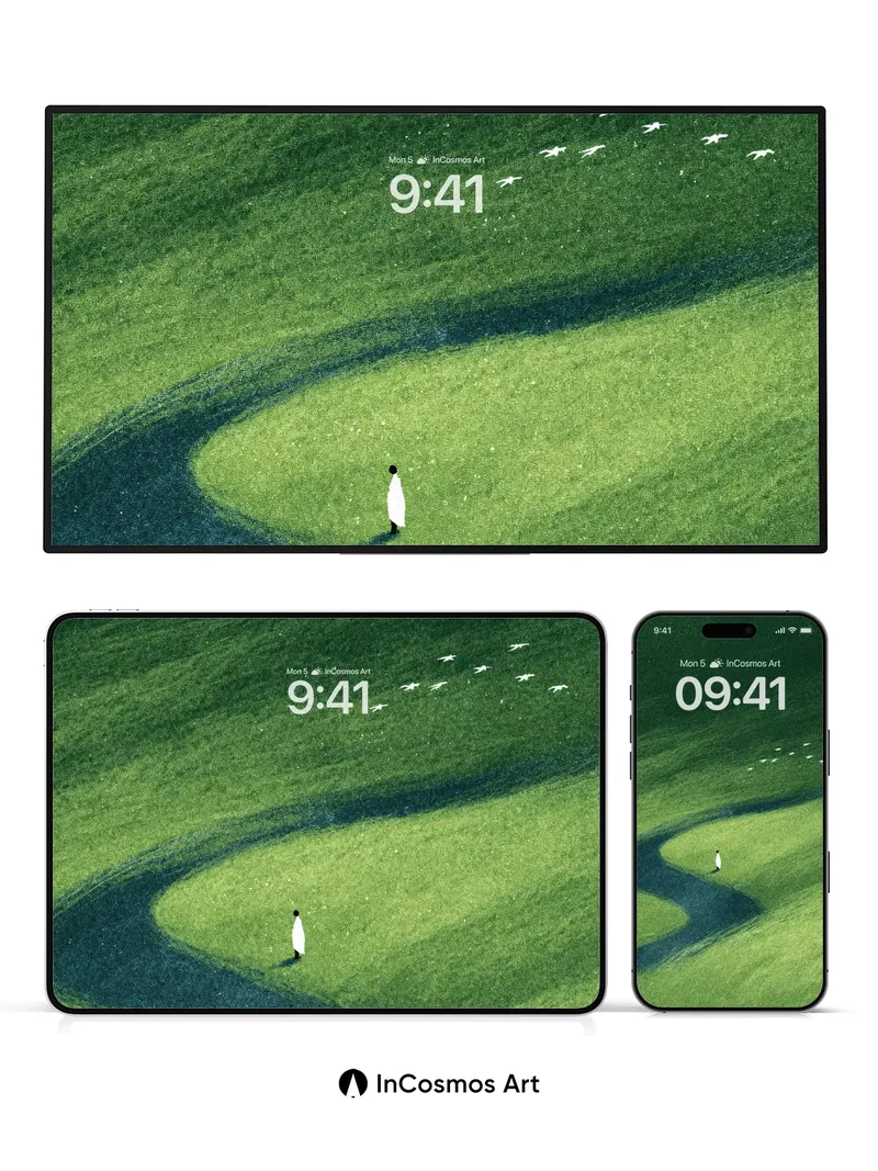 Serenity Path Wallpaper with Floating Birds