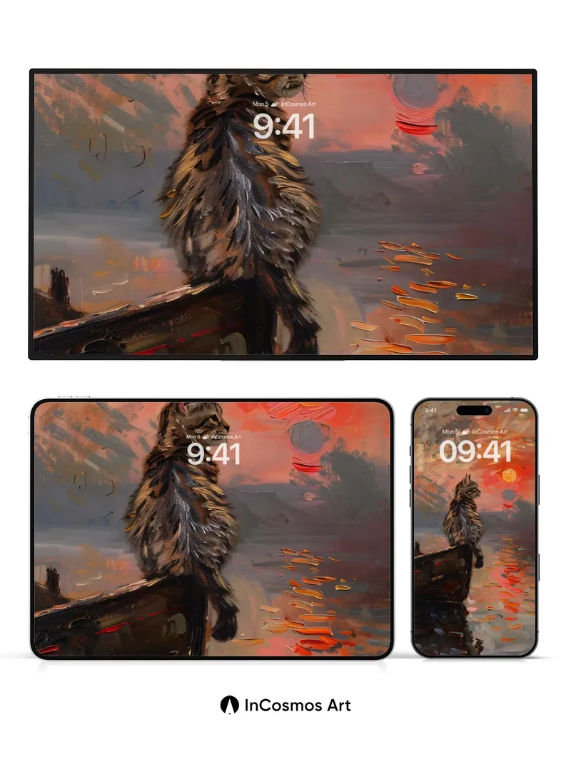 Serenity Sunset Wallpaper with Feline Silhouette