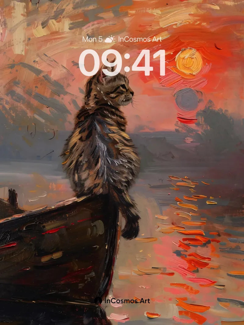 Serenity Sunset Wallpaper with Feline Silhouette