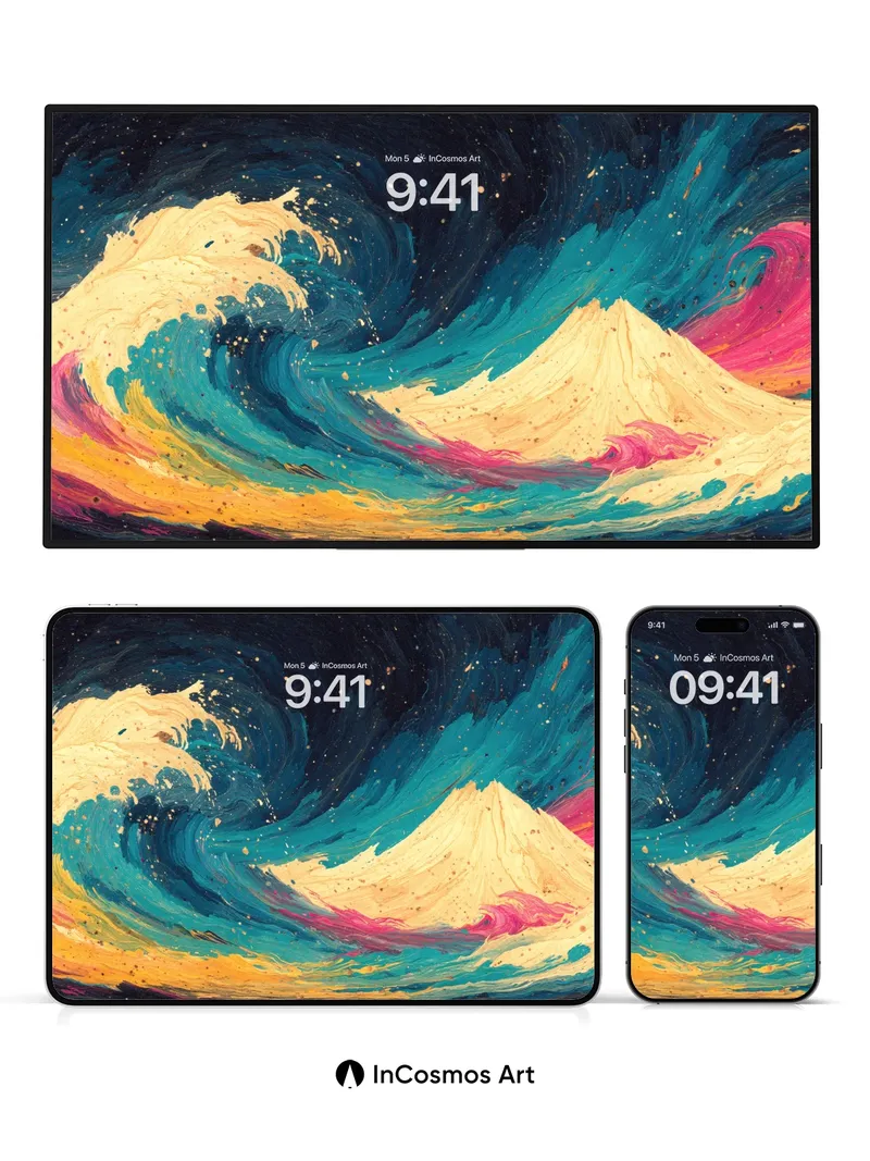 Cosmic Wave Wallpaper with Hokusai Echo