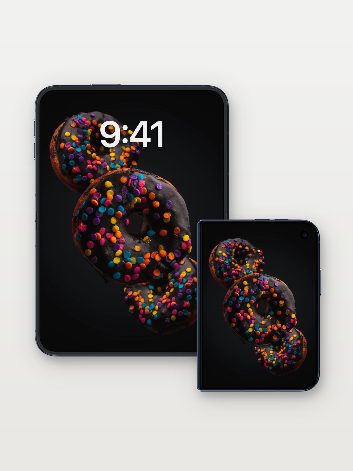 Floating Chocolate Whimsy Wallpaper with Rainbow Sprinkles on iPhone Duo, open and closed