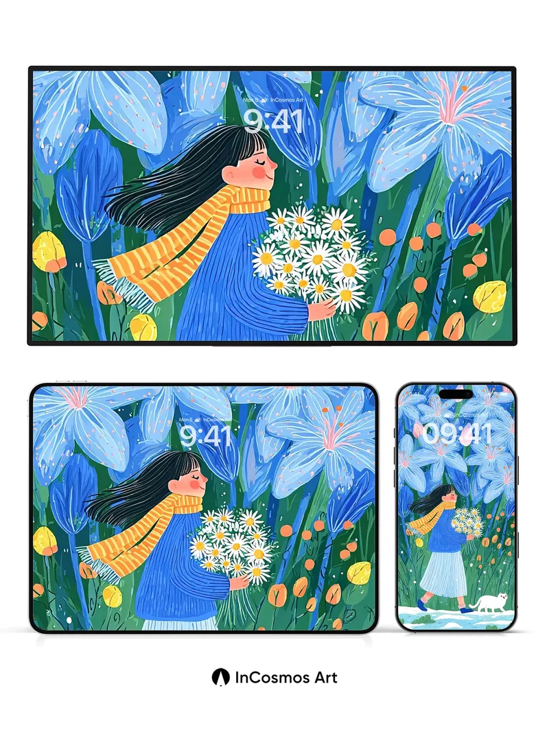 Serene Bloom Wallpaper with Whimsical Cat Trail