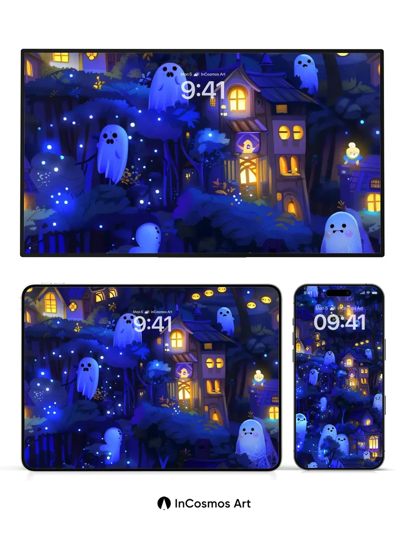 Luminous Ghost Village Wallpaper with Floating Light