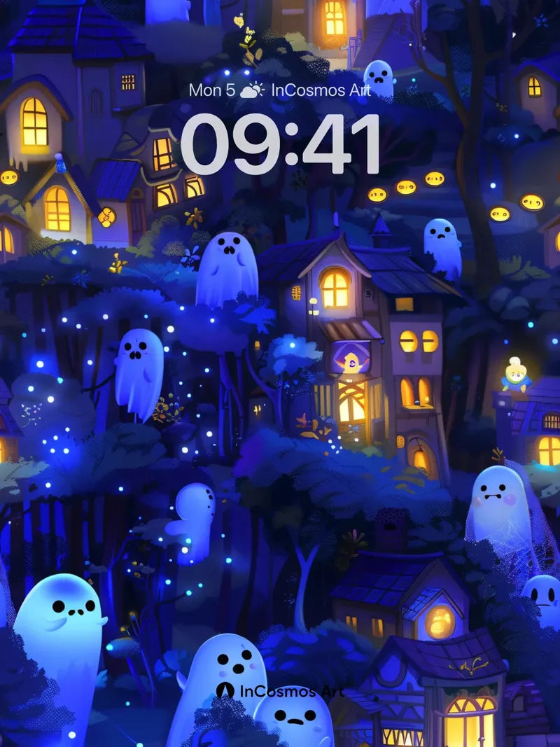Luminous Ghost Village Wallpaper with Floating Light