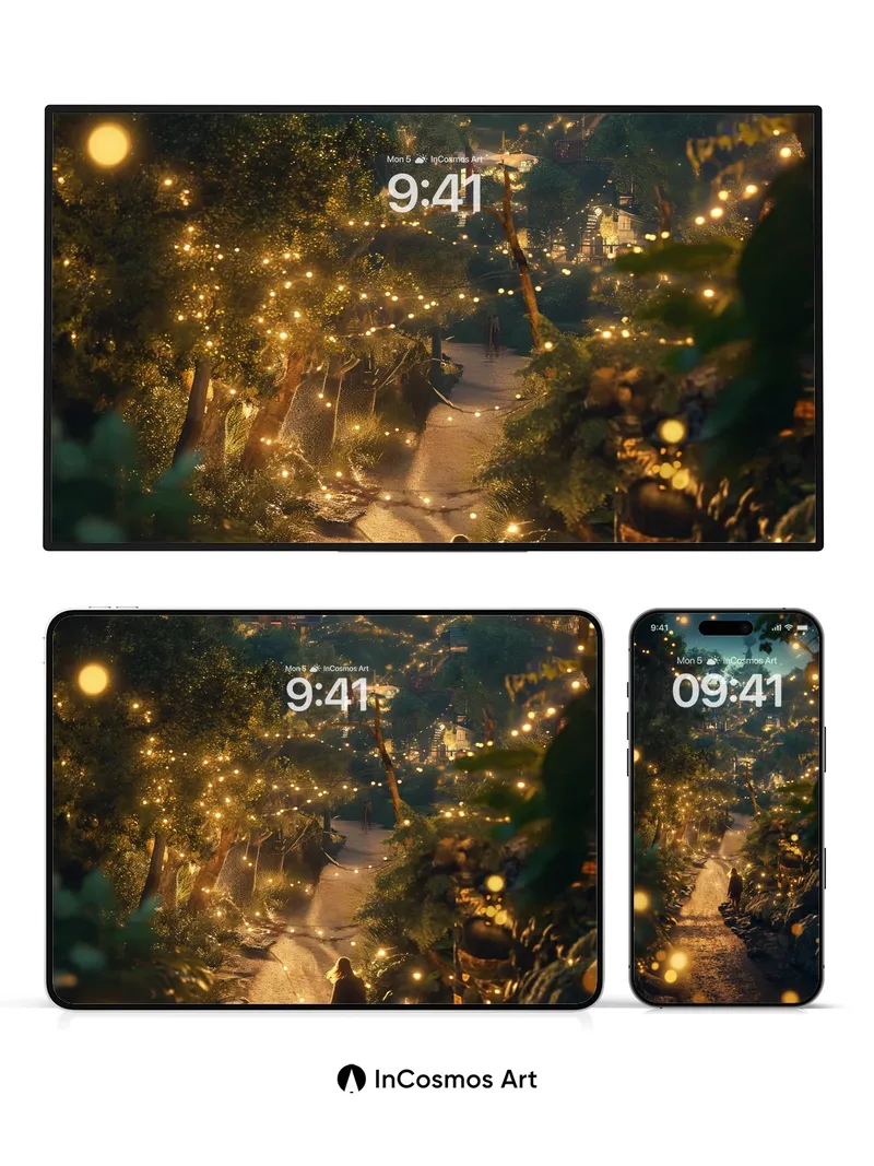 Whispering Path Wallpaper with Golden Fireflies