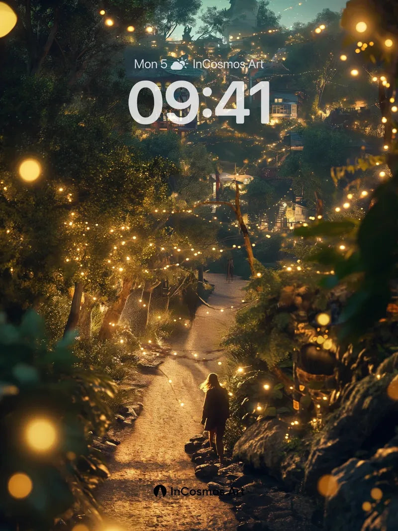 Whispering Path Wallpaper with Golden Fireflies