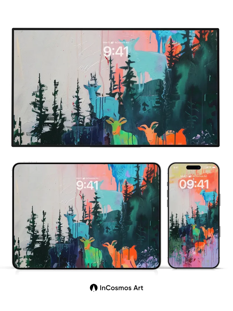 Surreal Forest Wallpaper with Neon Deer