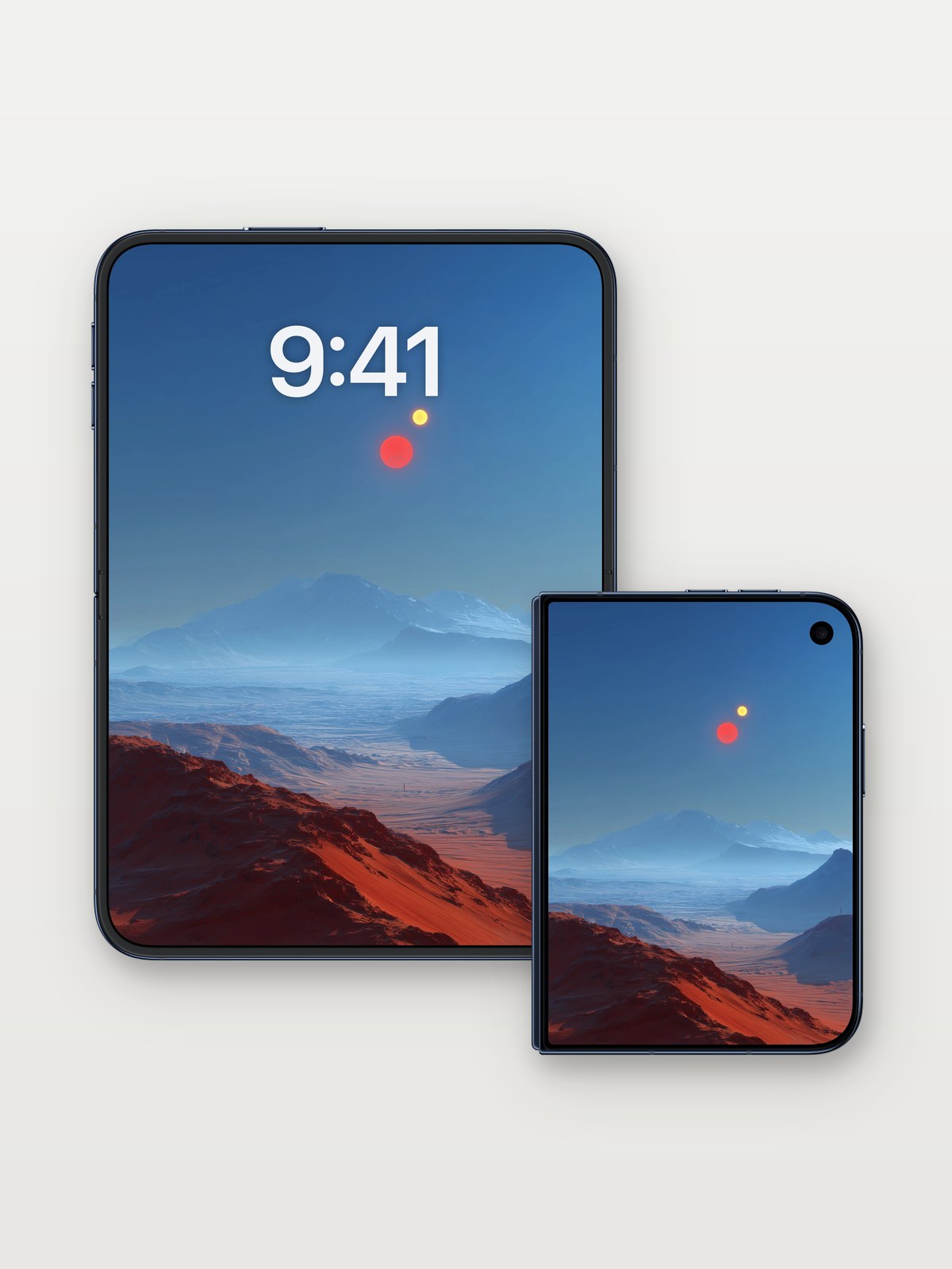 Dual Sun Mirage Wallpaper with Crimson Peaks on iPhone Duo, open and closed