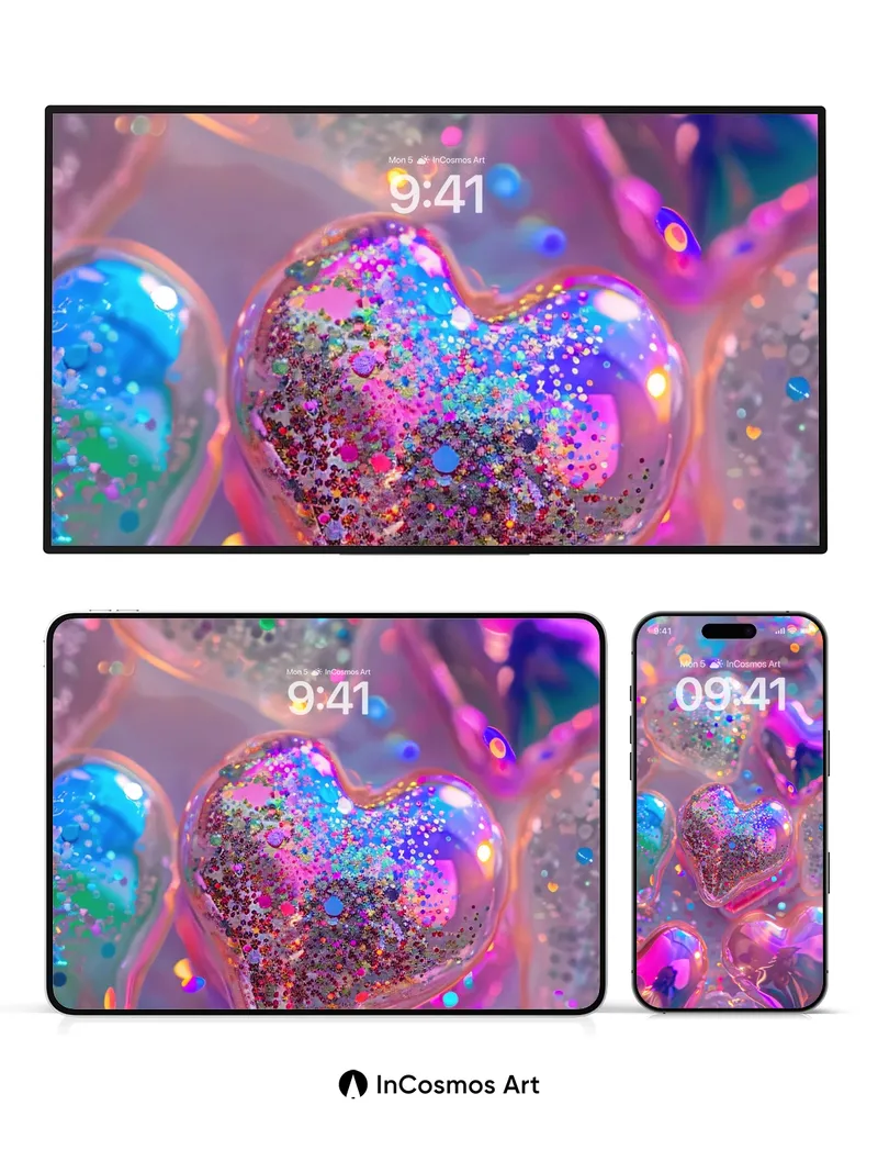Sparkling Heart Hologram Wallpaper with Cosmic Glitter