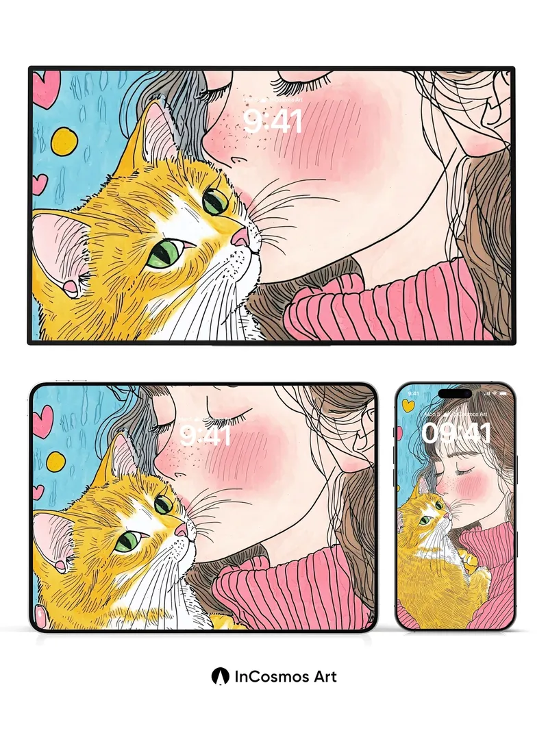 Whispering Warmth Wallpaper with Feline Embrace