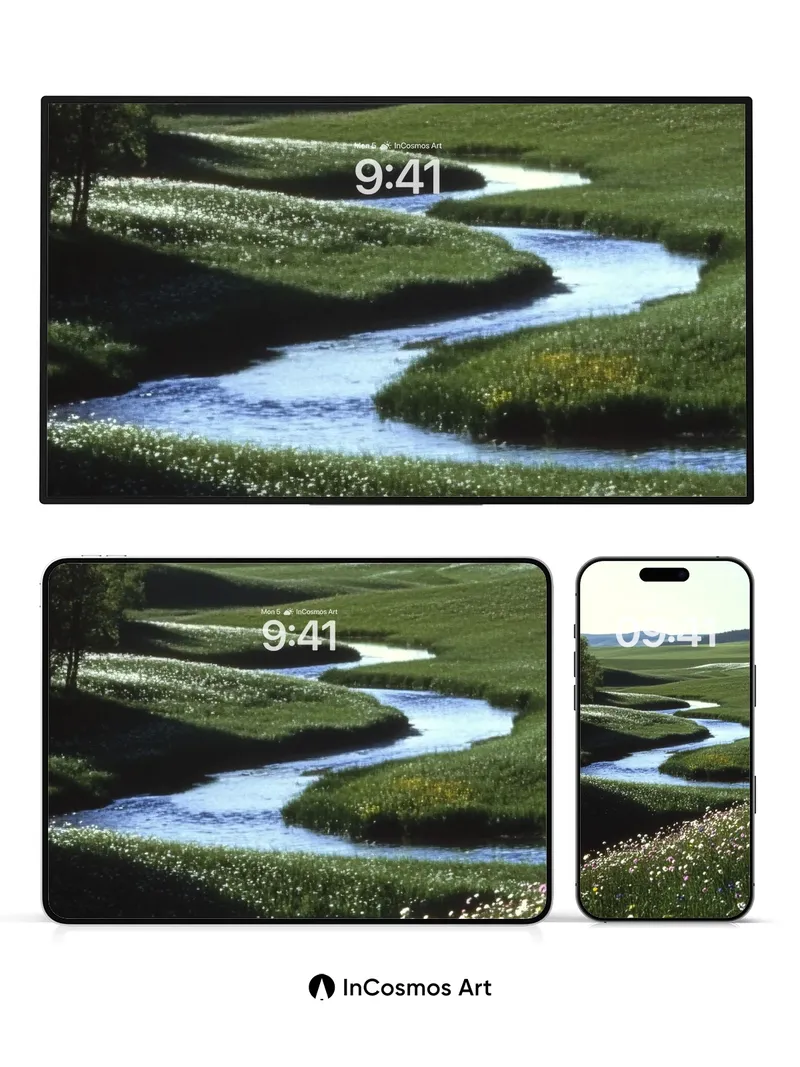 Serenity Stream Wallpaper with Wildflower Whispers