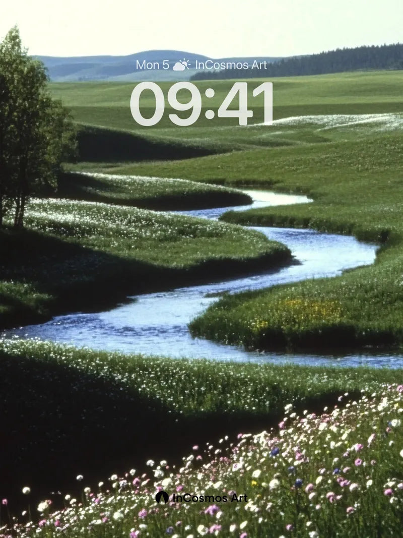 Serenity Stream Wallpaper with Wildflower Whispers