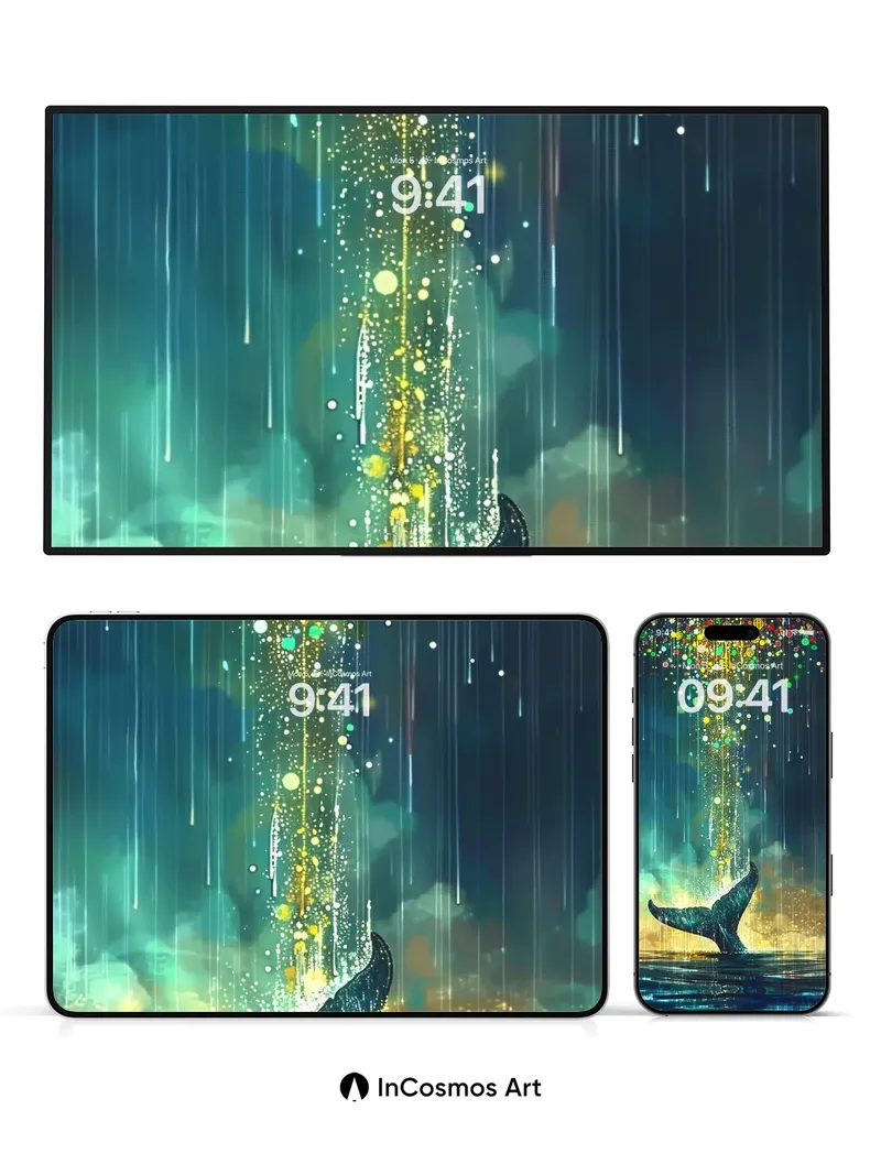 Luminous Whale Tail Wallpaper with Cosmic Rain