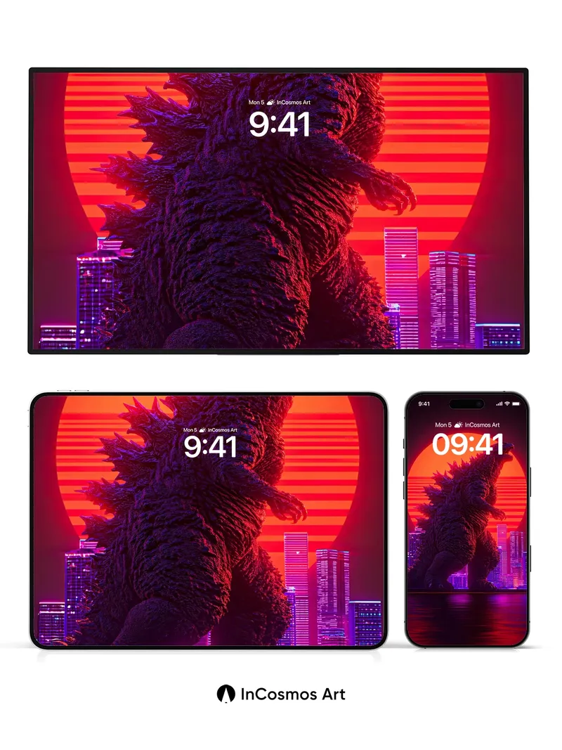 Neon Eclipse Wallpaper with Godzilla Silhouette