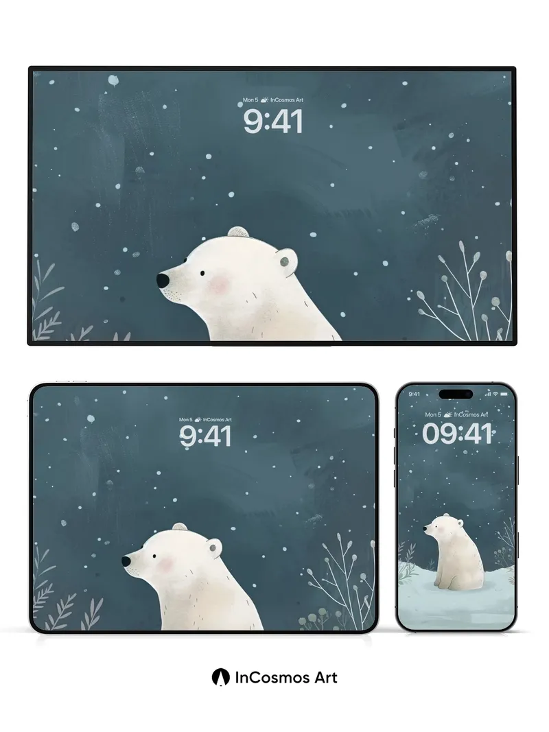 Snowfall Solitude Wallpaper with Polar Bear Gaze