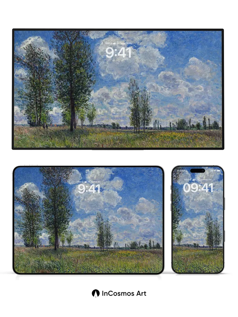 Serenity in Sunlit Fields Wallpaper with Impressionist Brushwork