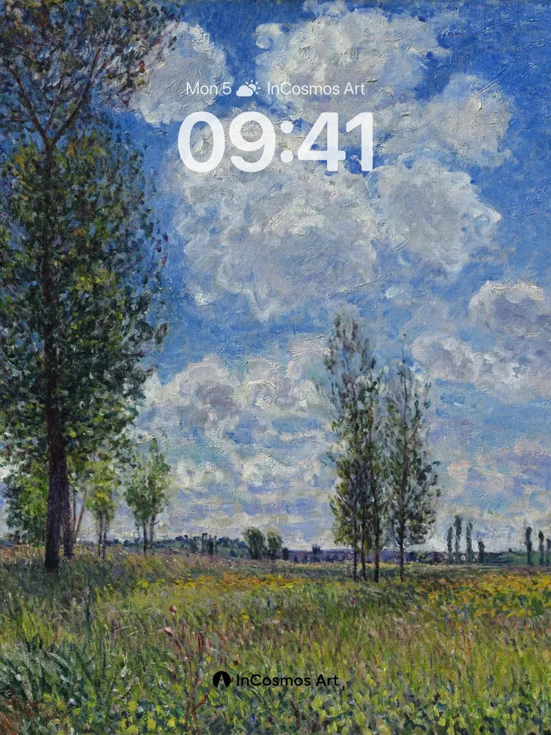 Serenity in Sunlit Fields Wallpaper with Impressionist Brushwork