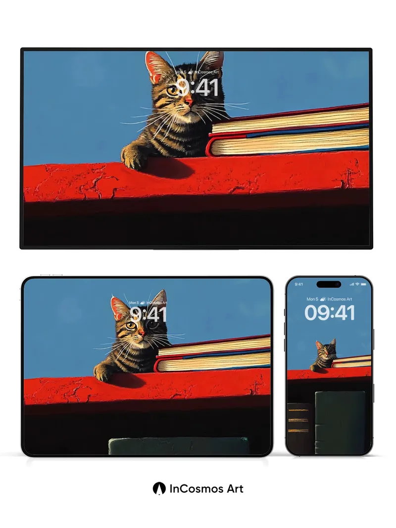 Whiskered Watcher Wallpaper with Bookshelf Horizon