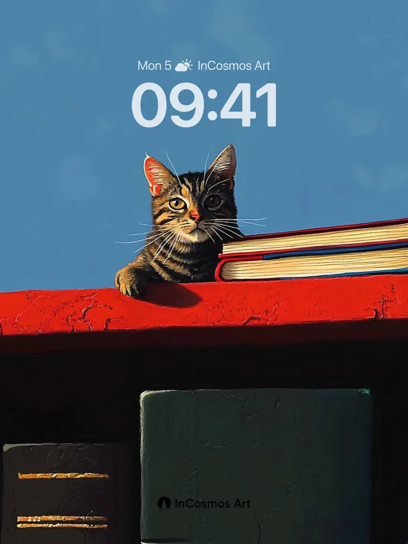 Whiskered Watcher Wallpaper with Bookshelf Horizon wallpaper for iPhone, iPad & Mac
