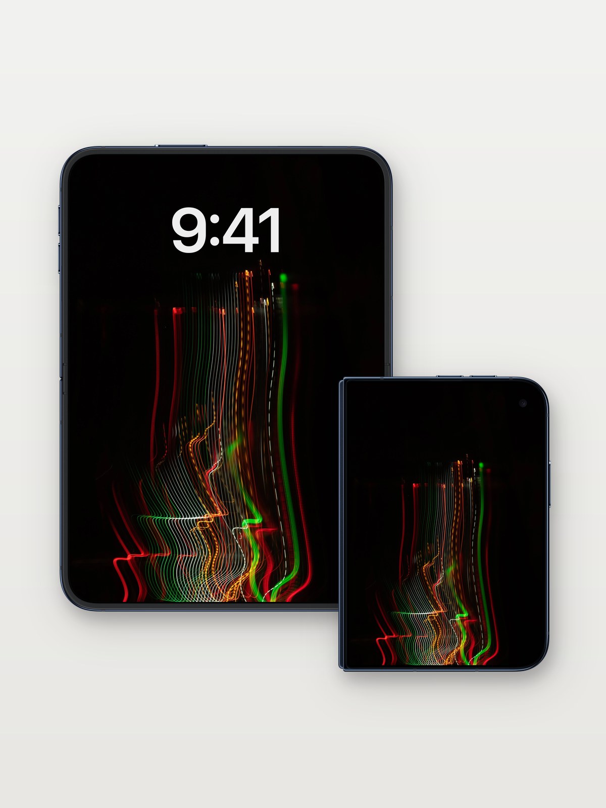 Neon Veil Wallpaper with Electric Traces on iPhone Duo, open and closed
