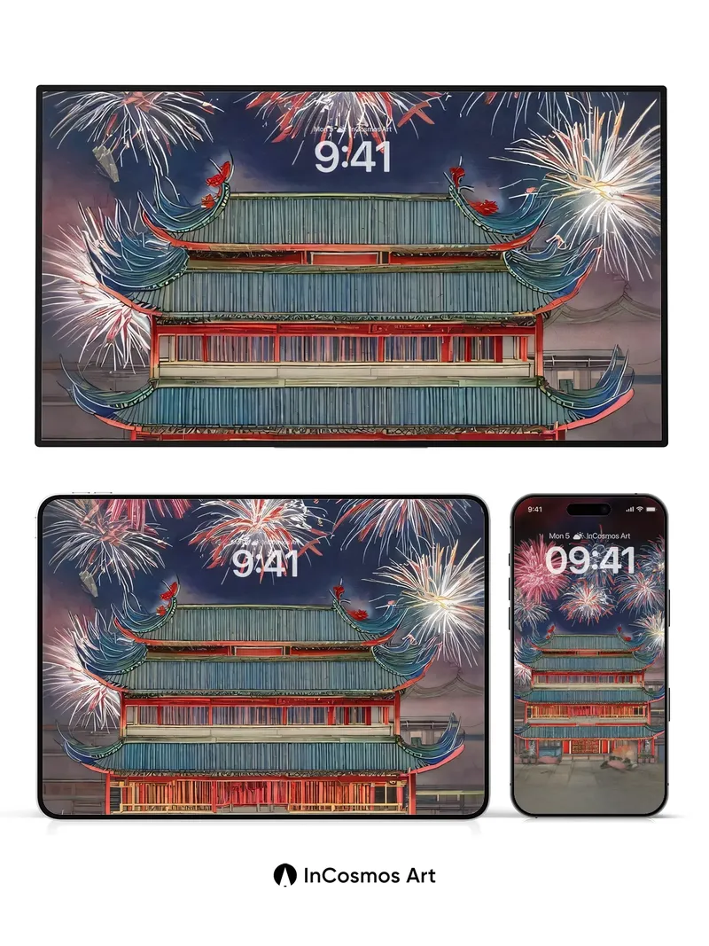 Crimson Reverie Wallpaper with Firework Canopy