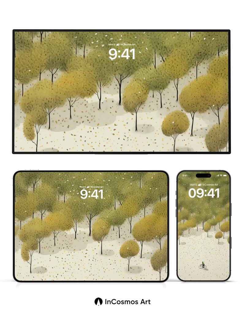 Serenity Path Wallpaper with Floating Leaves