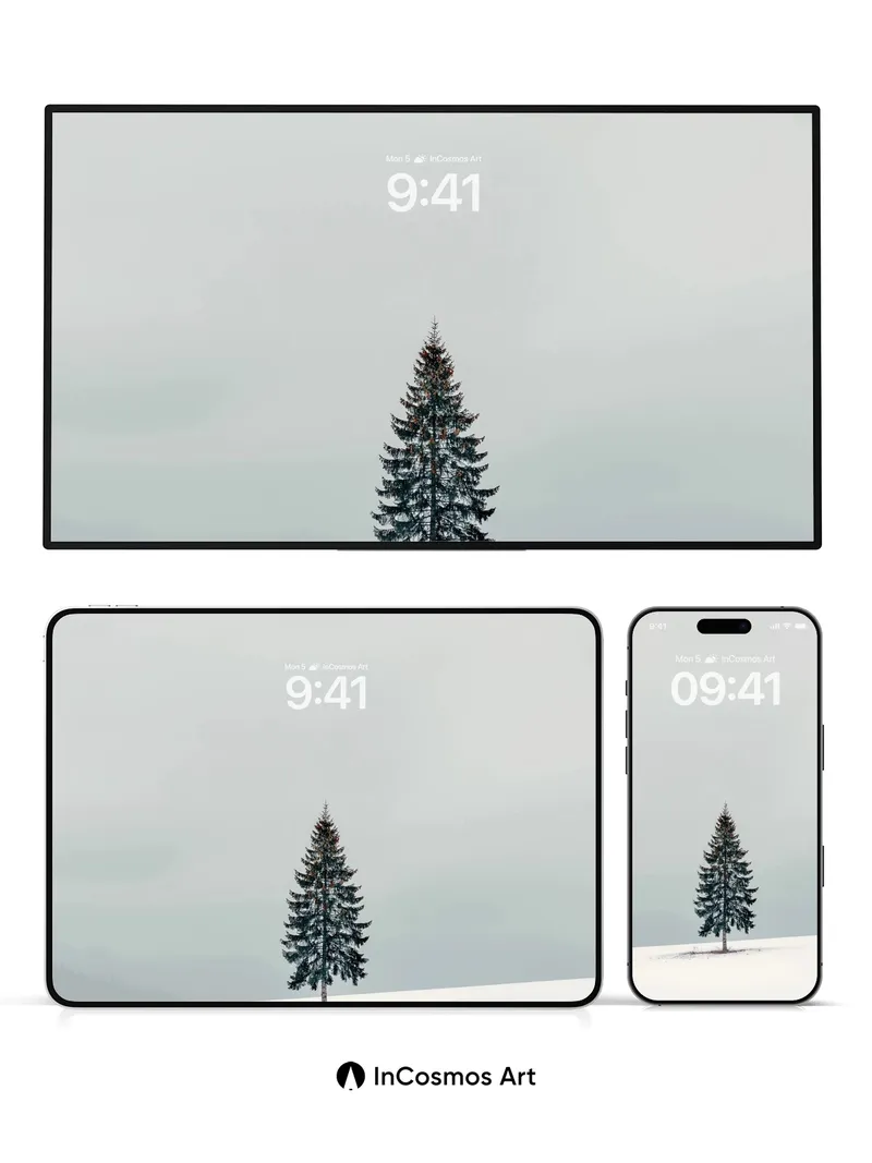 Solitary Pine Wallpaper with Frozen Stillness