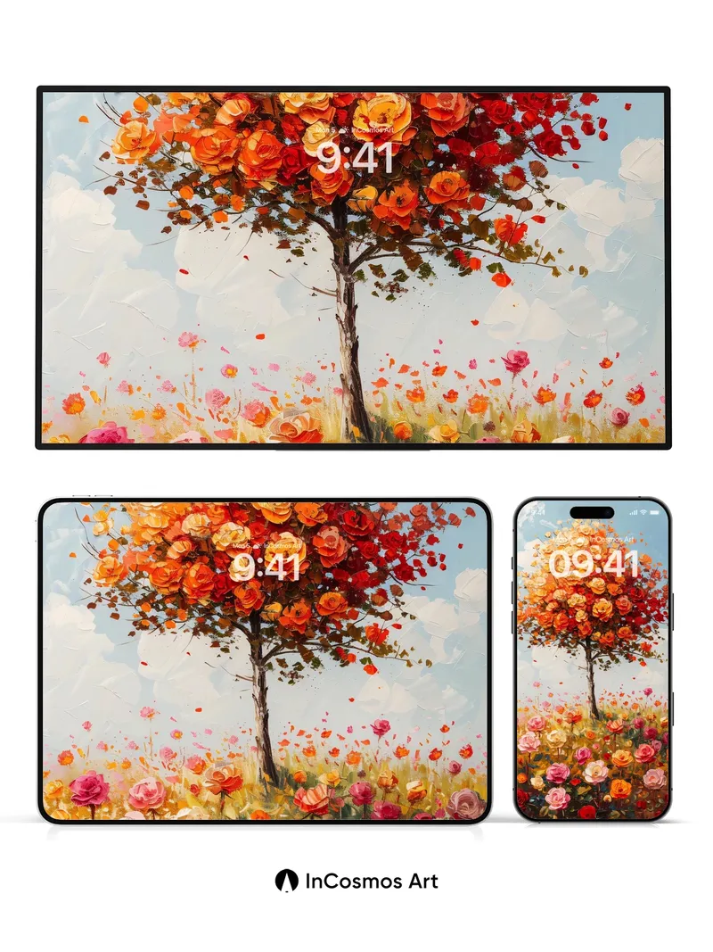 Autumnal Rose Tree Wallpaper with Golden Petal Drift
