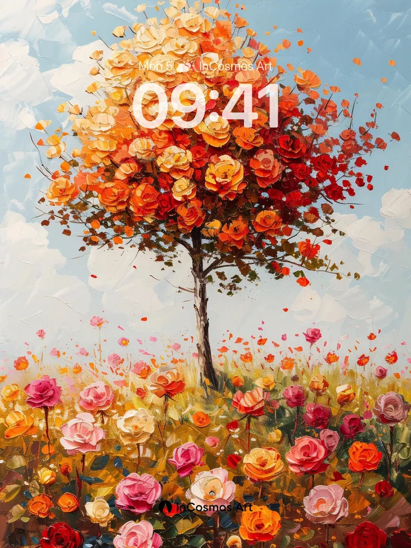 Autumnal Rose Tree Wallpaper with Golden Petal Drift