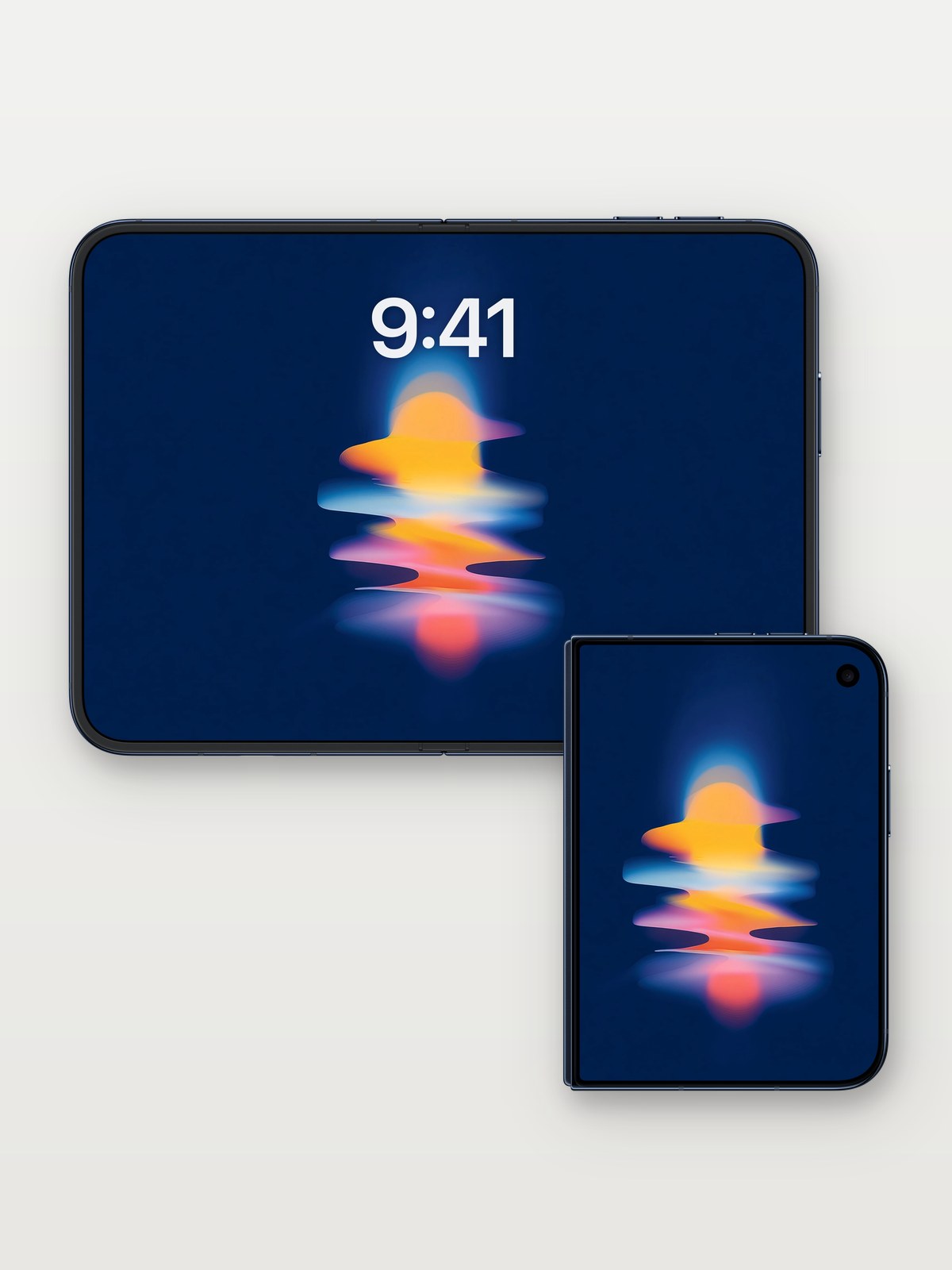 Neon Light Waves Wallpaper on iPhone Duo, open and closed