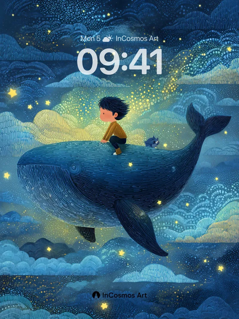 Starry Drift Wallpaper with Floating Whale wallpaper for iPhone, iPad & Mac