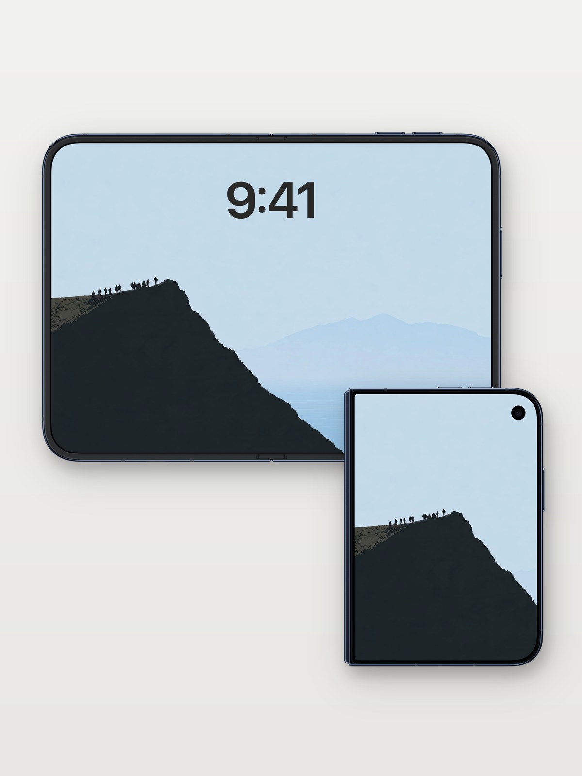 Serene Summit Silhouettes Mountain Wallpaper on iPhone Duo, open and closed