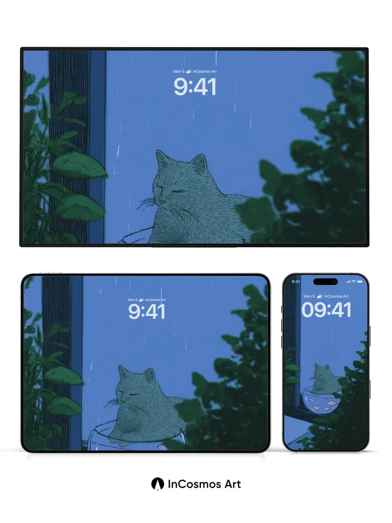 Rain-Slicked Serenity Wallpaper with Feline Fishbowl