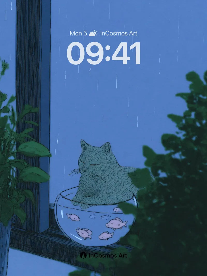 Rain-Slicked Serenity Wallpaper with Feline Fishbowl