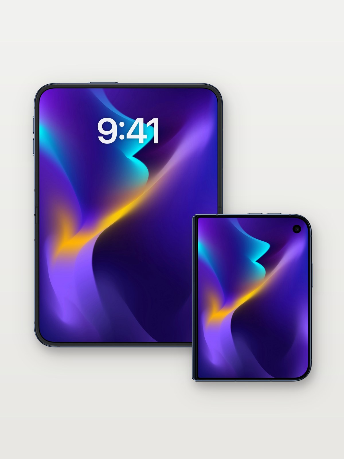 Luminous Veil Wallpaper with Ethereal Flow on iPhone Duo, open and closed