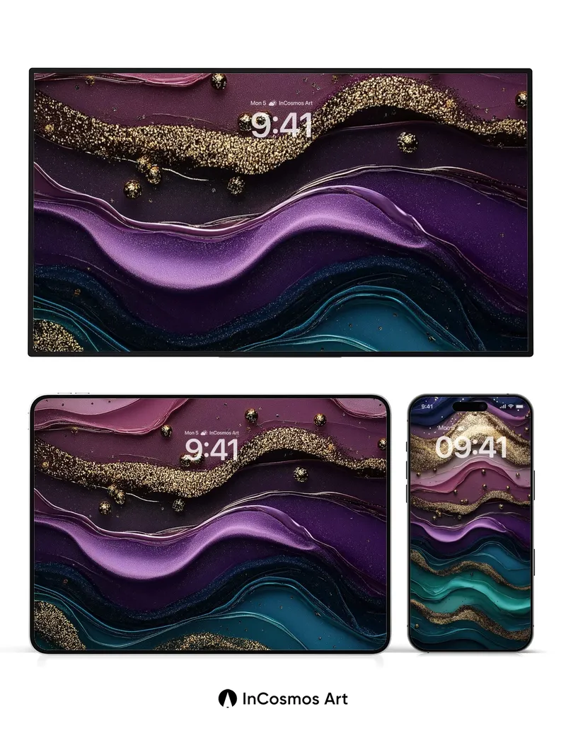 Luminous Wave Wallpaper with Golden Veins